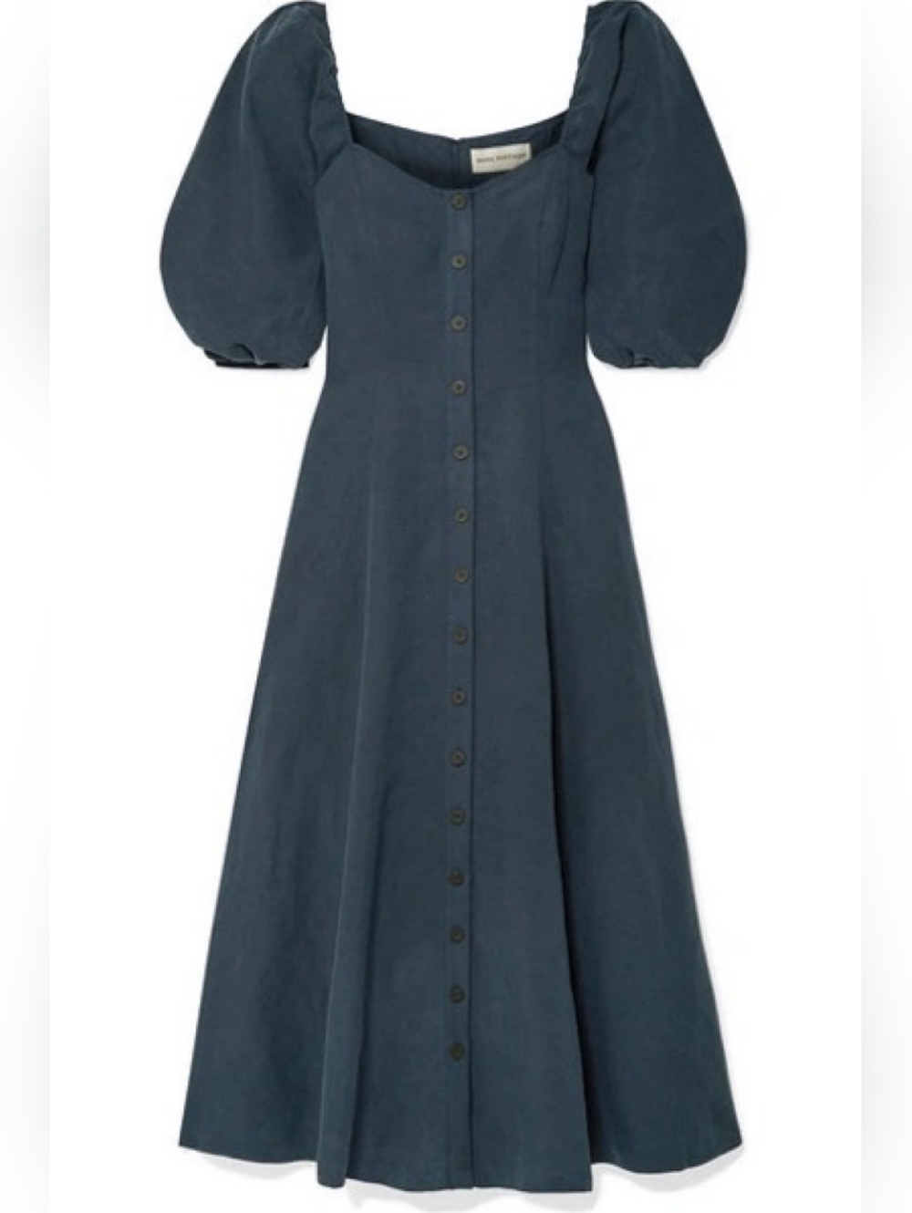 Mara Hoffman Mika Puff-Sleeve Linen Blend Button-Front Maxi Dress in Navy Blue